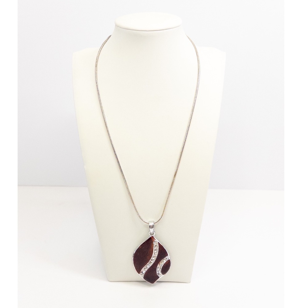 Silver Tone Brown Leaf Pendant Necklace Rhinestone Accents Snake Chain Boho Chic